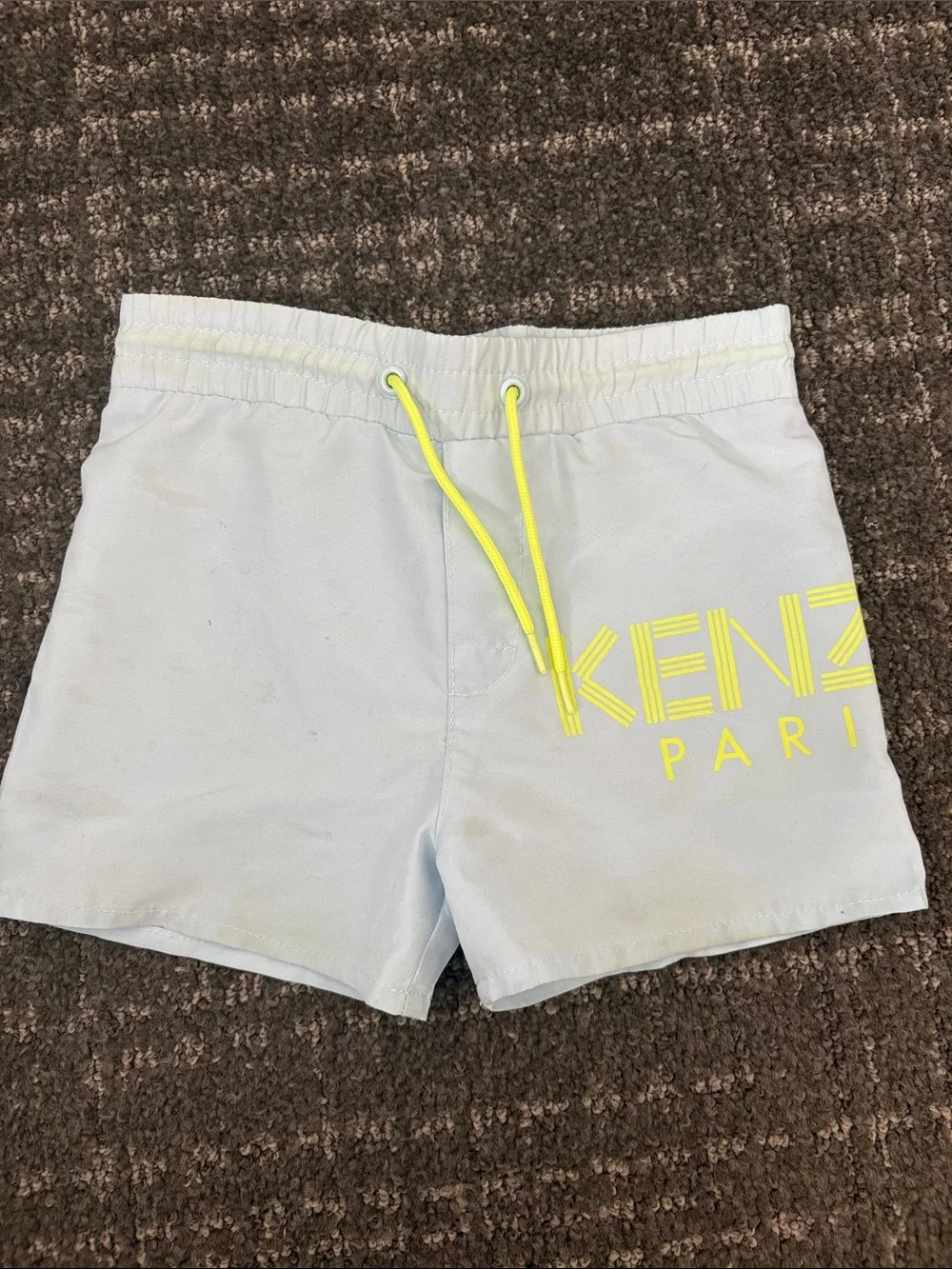 KENZO Light Blue Swim Shorts with Neon Yellow Logo and Drawcord